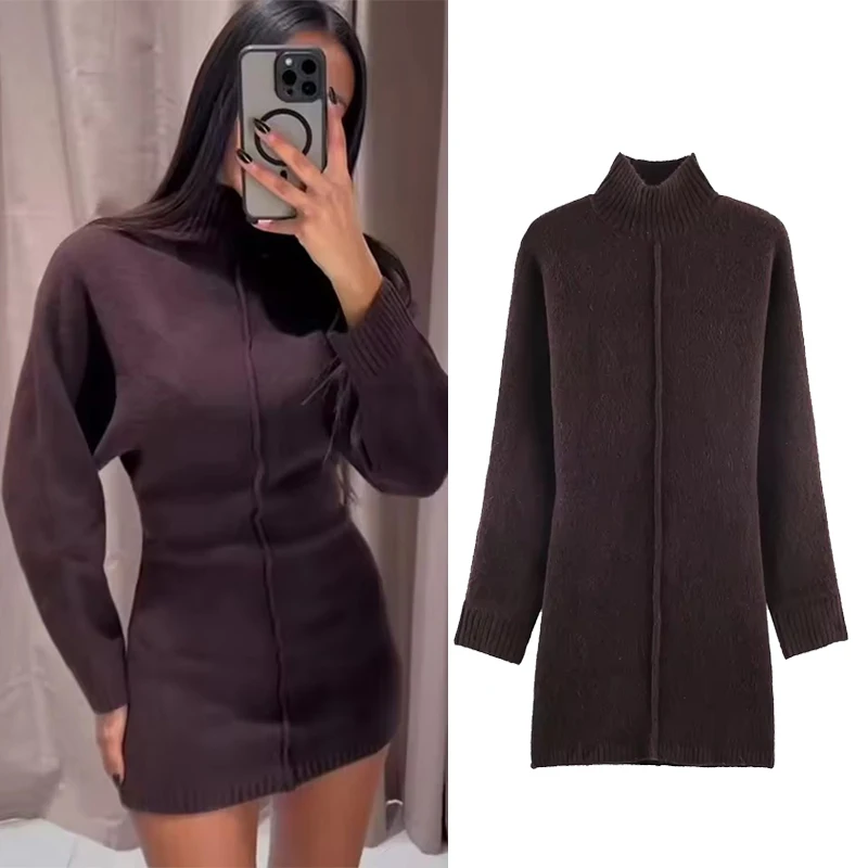 Damskie swetry jesienno-zimowe, dzianinowe sukienki dla kobiet, modne sukienki z golfem, z długim rękawem, krótkie sukienki, ciepłe sukienki swetrowe z rozcięciem dla pań.