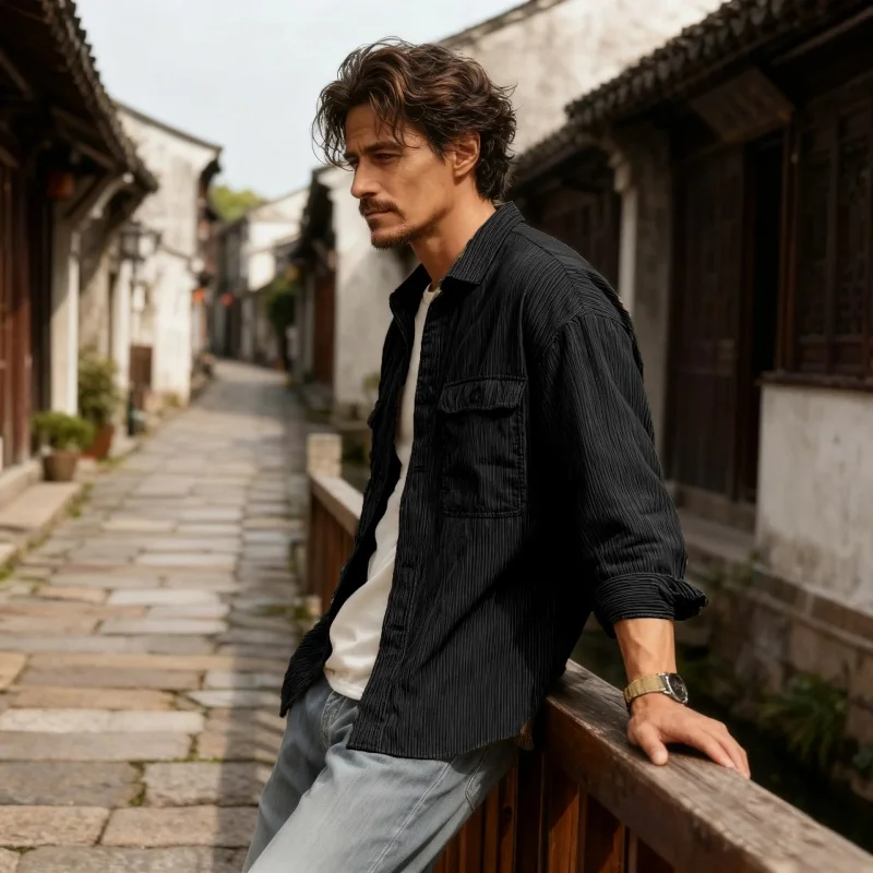 Camicia a maniche lunghe da uomo, moda di alta moda, casual e ampia, cardigan abbottonato taglie forti, camicia sportiva a righe da uomo