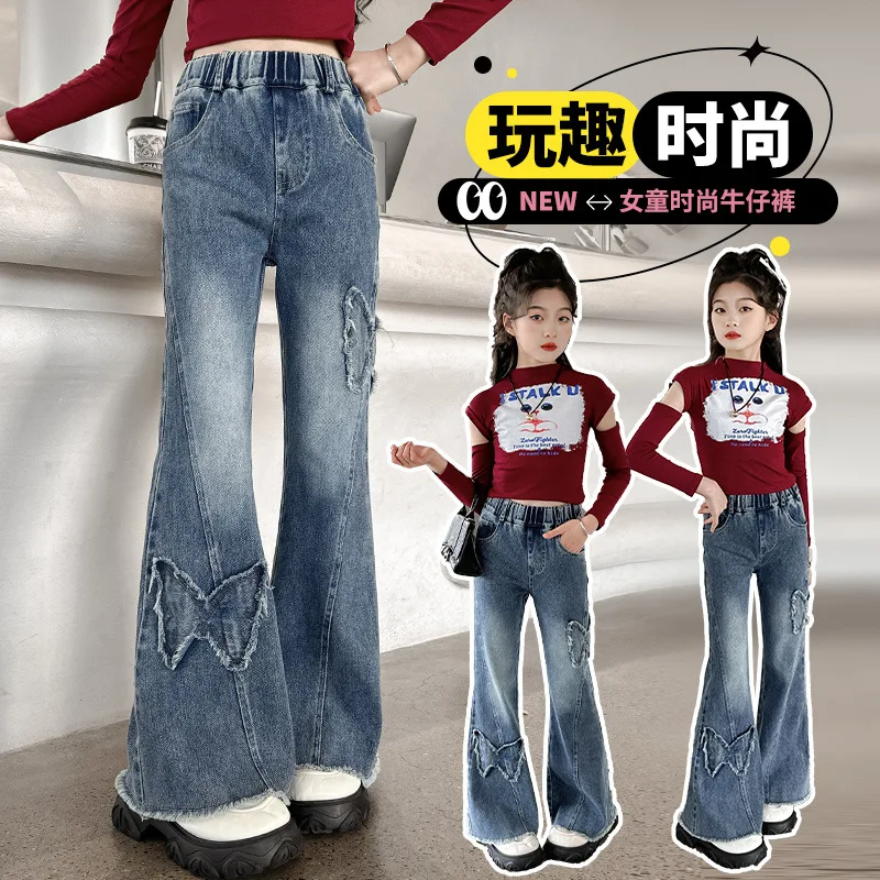 Girls Bell Bottom Jeans Spring Autumn New Fashion Children's Butterfly Patchwork Slim Fit Elastic Long Trousers