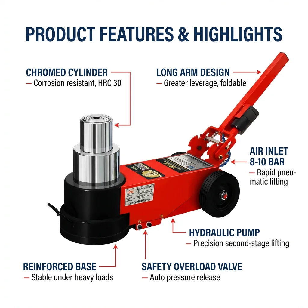 100 Ton Chromed Cylinder Heavy Duty Pneumatic Air Hydraulic Jack Truck CE For Europe Market