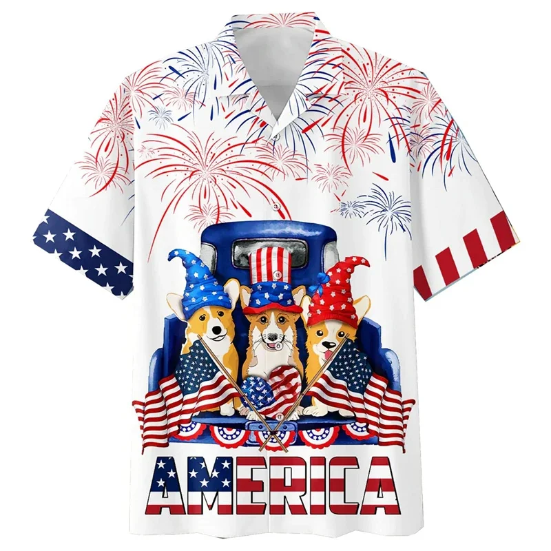 Moda bandiera USA camicie stampate in 3D per uomo abbigliamento divertente animale cane grafico manica corta camicie da spiaggia hawaiane vacanza Y2k Top