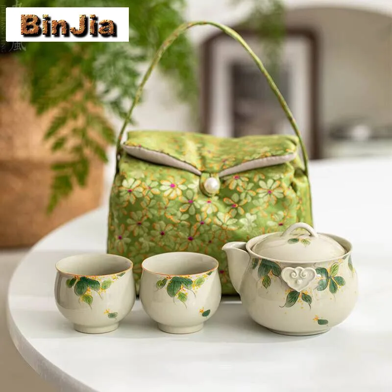 Hand-Painted Osmanthus Travel Tea Set Boutique Hand Grasp Pot Kit Antique 1 2 Cups Maker Tote Bag Ornament Gifts