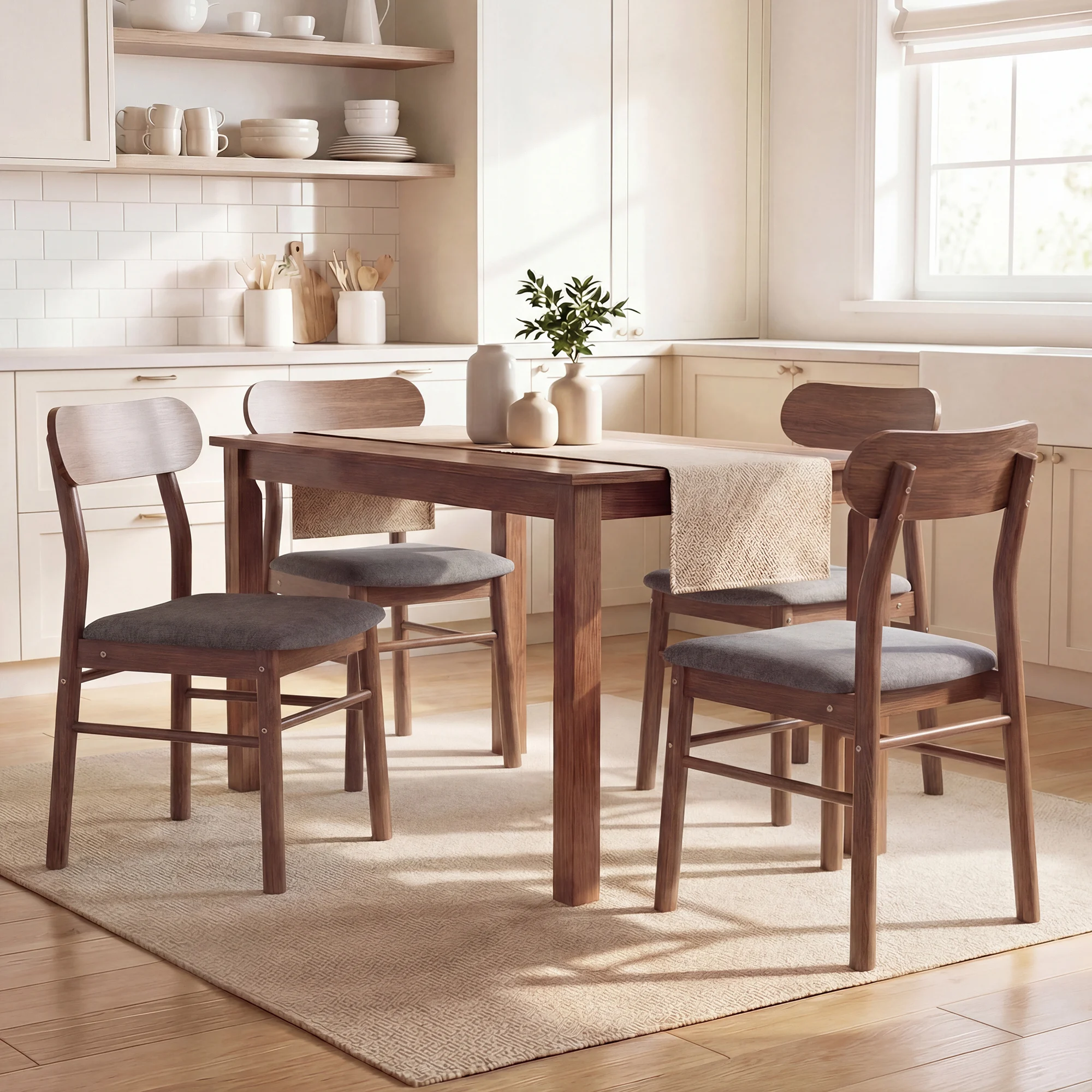 Homcom Dining Chairs Set of 4, Upholstered Solid Wood Kitchen Chairs, Mid-Century Modern Dining Room Chairs with Ergonomic Curved Backrest, Gray view 2