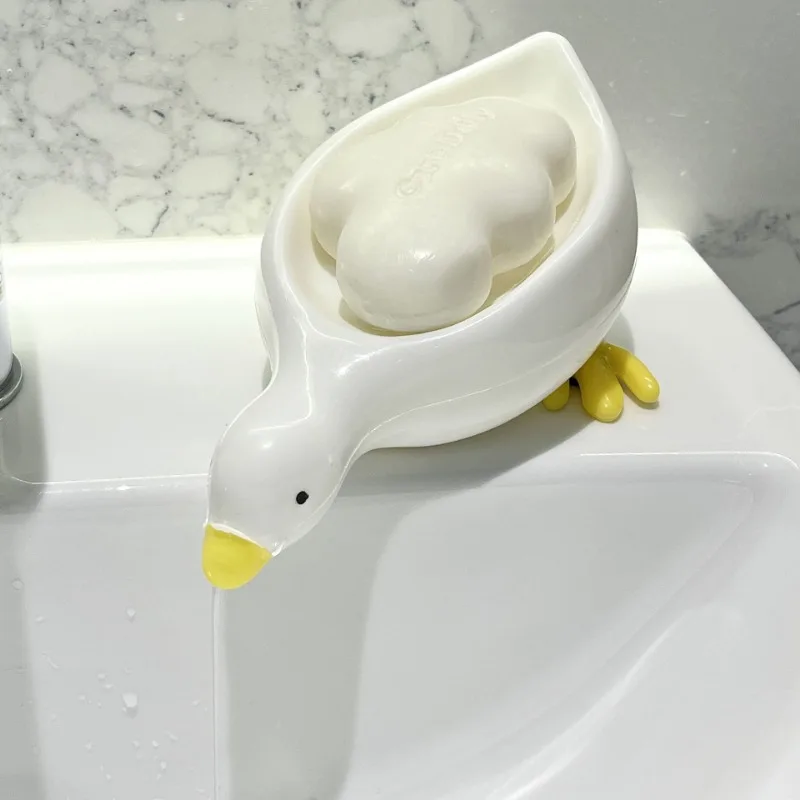 Waterproof Plastic Soap Dish Tray with Drainage for Tub, Shower and Sink, Cute Duck Shape Soap Holder