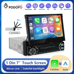 Podofo 1din 7inch Car MP5 Stereo Radio Electric Retractable Screen Wireless Carplay Android auto Bluetooth DAB FM Player
