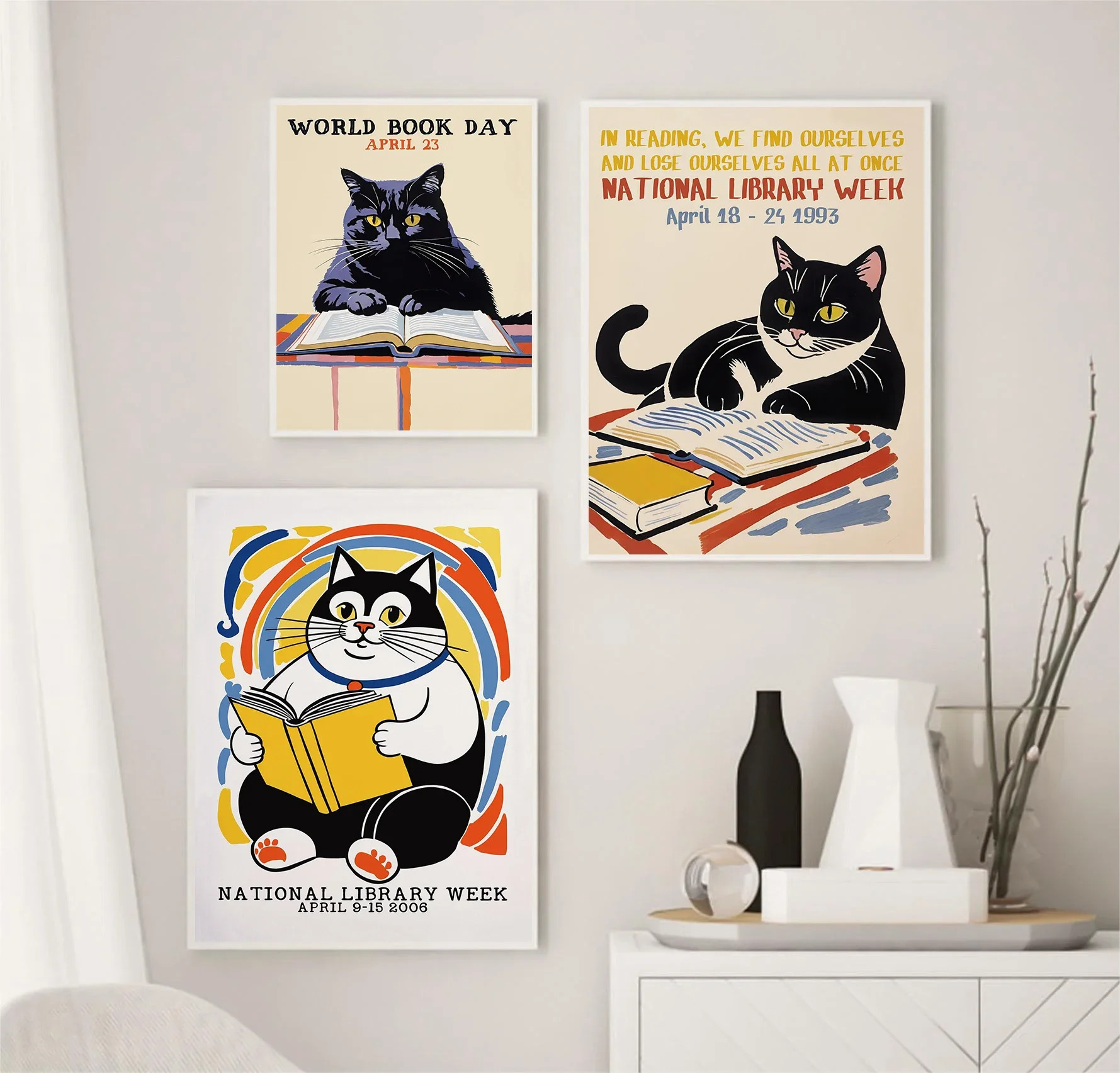 Canvas  Interesting Black Cat Reading Books Abstract Art Poster Wall Art Pictures Library Cat Cafe Home Decor Wall Decor