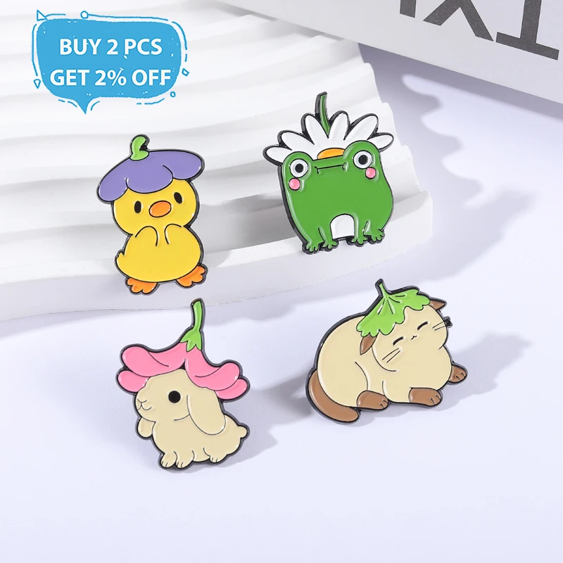 Cute Animal Enamel Pins With Fruity Hats Metal Brooches Fashion Lapel Badge Backpack Clothes Jewelry Gift for Friends