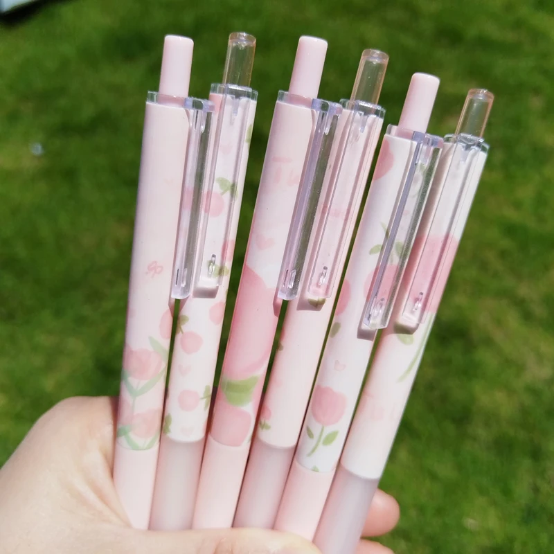 6pcs Kawaii Gel Pen Beautiful Tulip Flower Cute Pens Black Ink Aesthetic Stationery School Supplies Elegant Pens