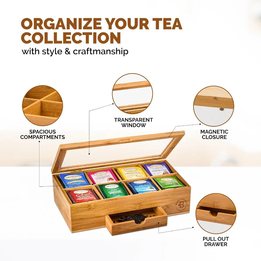 Bamboo Tea Box Storage with Drawer and Acrylic Window for Efficient Tea Bag Organization in Home Kitchen Compact Tea Organizer