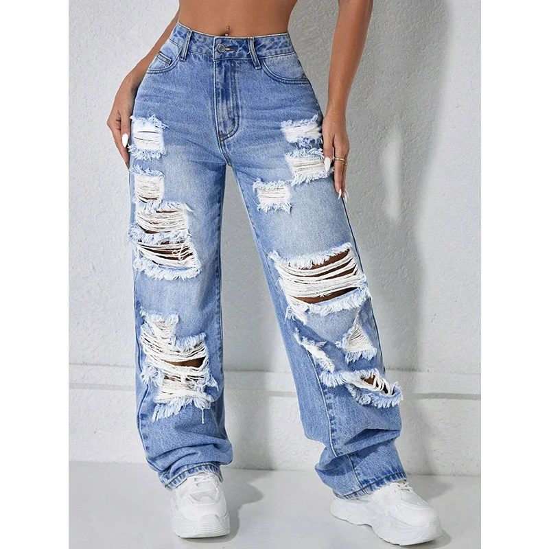 Benuynffy Vintage Ripped Hole Boyfrined Jeans for Women Streetwear Mid Waisted All Match Casual Loose Straight Leg Denim Pants
