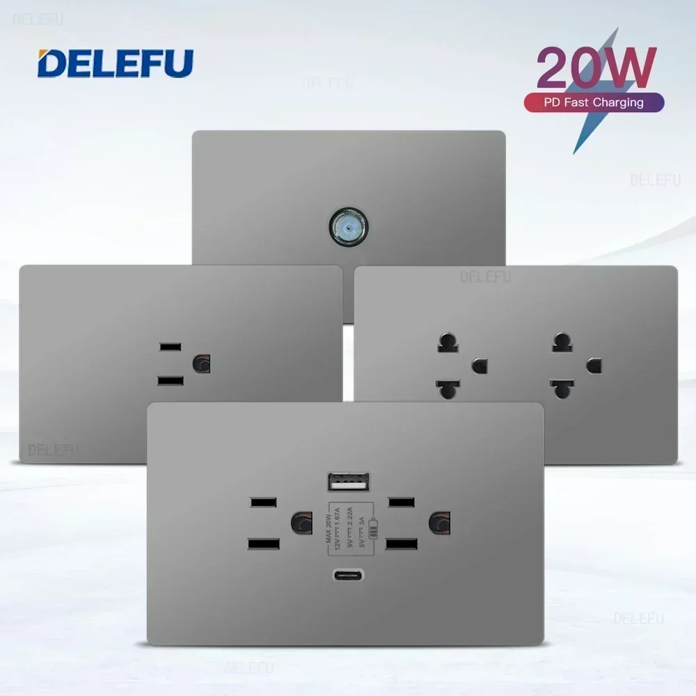 

Огнестойкая серая панель для ПК DELEFU, стандартная Мексика типа C, розетка для быстрой зарядки, США, настенная розетка 124*76 мм, переключатель