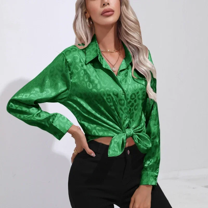 2024 Fashion New Autumn Long Sleeve Women Shirts Leopard Print Satin Blouses Vintage Office Lady Elegant Casual Silk Tops