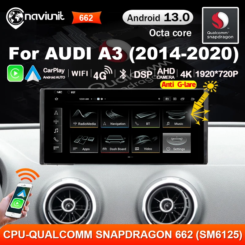 12.5'' Screen 2 DIN Qualcomm Snapdragon Carplay Android Auto Stereo autoradio For Audi A3 2014-2020 Car Radio Multimedia player