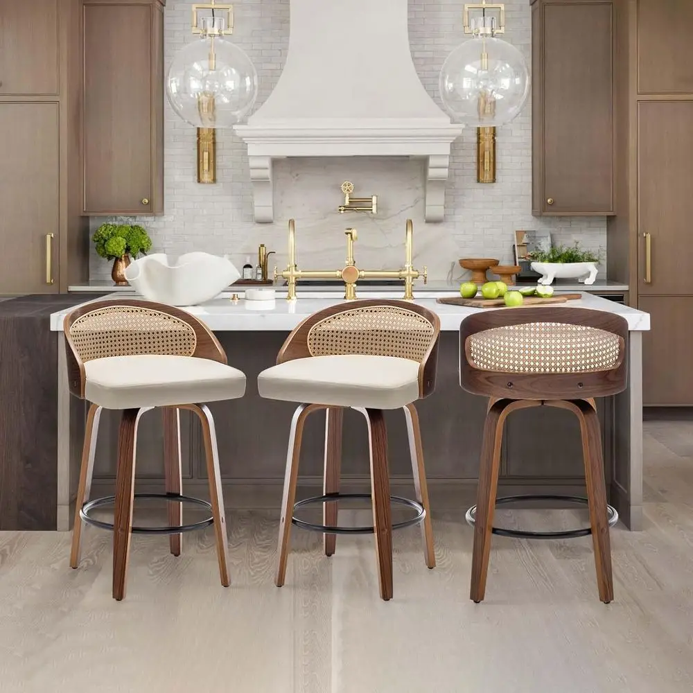 

Set of 3 Modern Beige Leather Swivel Bar Stools with Rattan Backrest, Walnut Finish