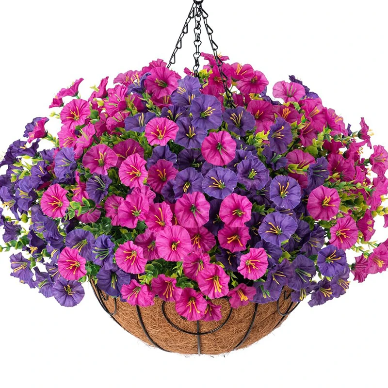 4Bundles Artificial Flowers Fake Silk Morning Glory Flower Eucalyptus Plants UV Resistant Garden Summer House Outdoor Decoration
