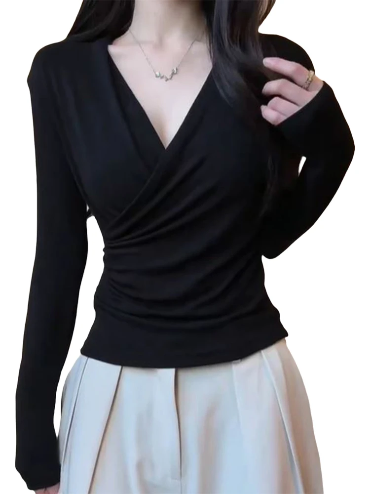 Black Cross V-Neck Long Sleeve T-Shirt Women's Spring New Waist-Cinching Belly-Covering Slimming Pure Desire Inner Wear Base ...