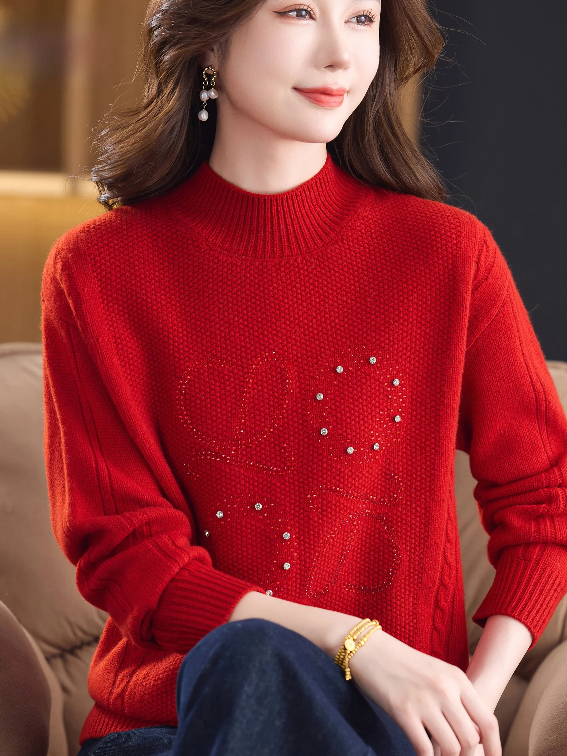 

Autumn Winter Diamond Embellied f High Collar 00 Pure Wool Women's Mid-aged Mommy Sle Sweater Overhead Base irt Luc...