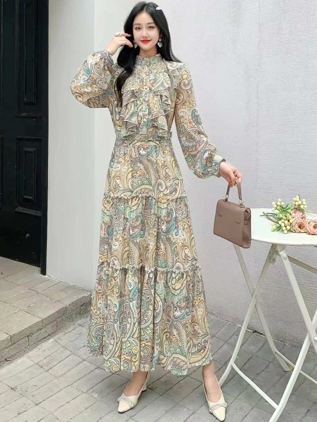 New Spring Autumn Women Long Sleeve Belt Slim Long Dress Elegant Retro Print Sweet Ruffles Patchwork Big Hem Chiffon Dress