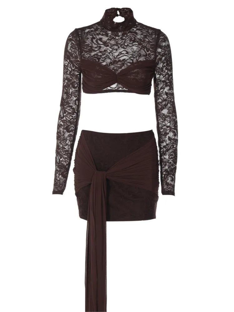 Elegante 2-teilige Set Kleider Frauen Langarm Spitze Tops und schlanke Miniröcke Sexy Club weibliche Streetwear passender Anzug