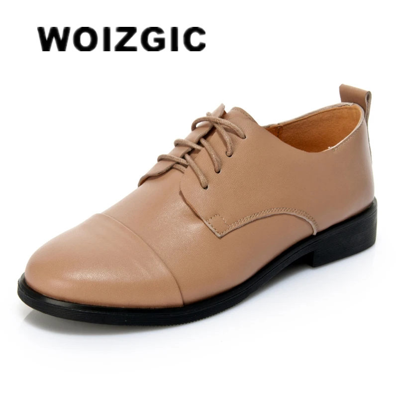 WOIZGIC Women Female Ladies Mother Sheepskin Genuine Leather Shoes Flats Lace Up Soft Retro British Korean 35-40 BSQN-2051