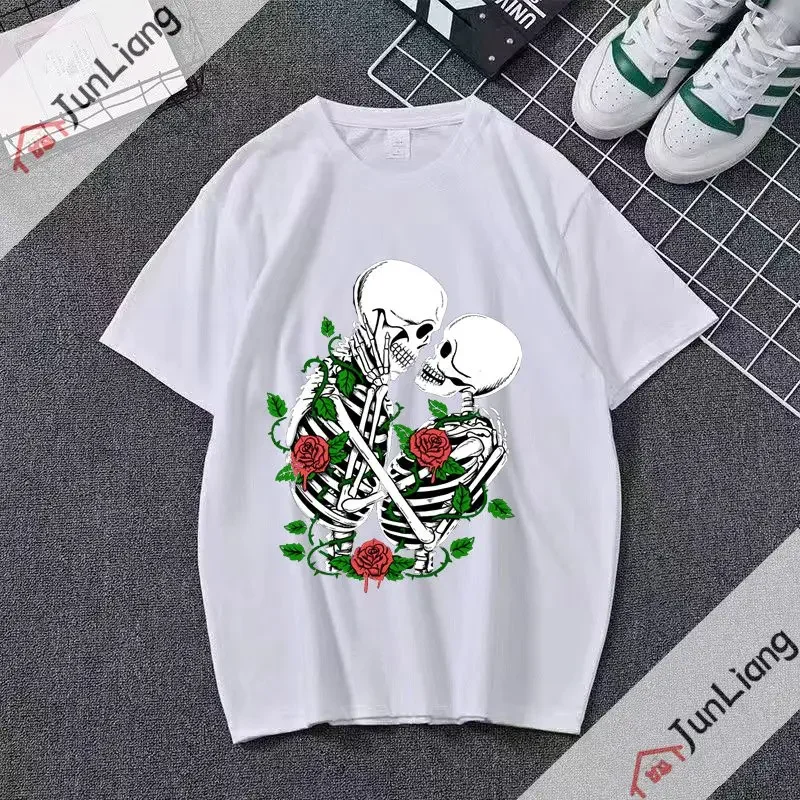 Easter Funny T Shirts Lovers Kiss Sweet Skull Streetwear Punk T-shirts for Women Short Sleeved T-shirt Kpop Sportswear Man Tops