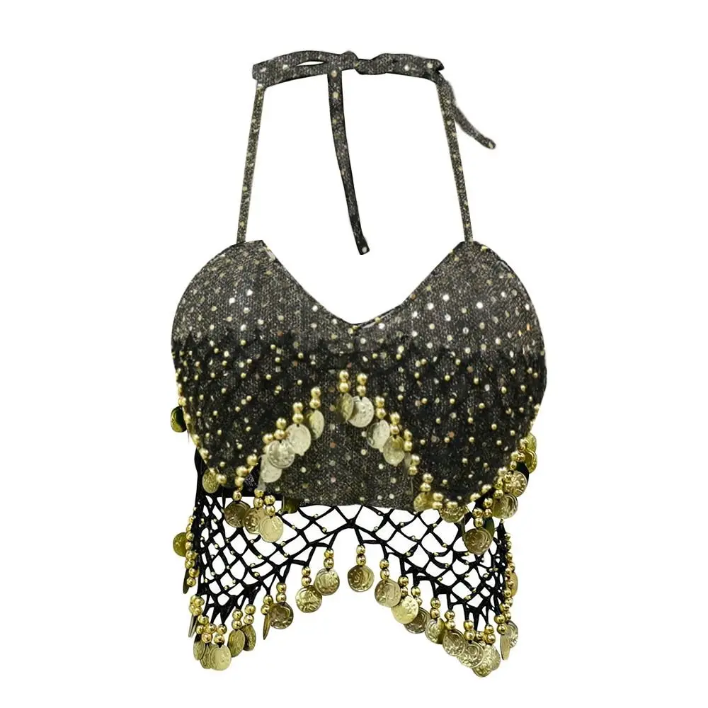 Charming Shiny Belly Dance Bra Halter Neck Tassel Stage Performance Top Dance Wear Sleeveless Sequins Crop Top Stage