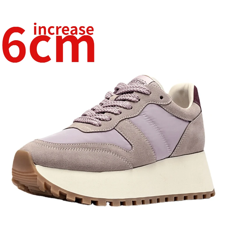 

Genuine Leather Canvas Platform Shoes for Women Increased 6cm Thick Soled Fashionable Elevated Casual Sports Bread Shoe Women's