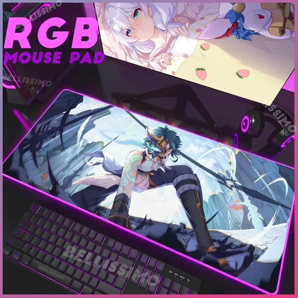 Genshin Impact Xiao Mouse Pad RGB Gaming Large Cool Keyboard Pad Desk Game kawai Rubber Luminous Desk Mat Backlit Colorful Pad