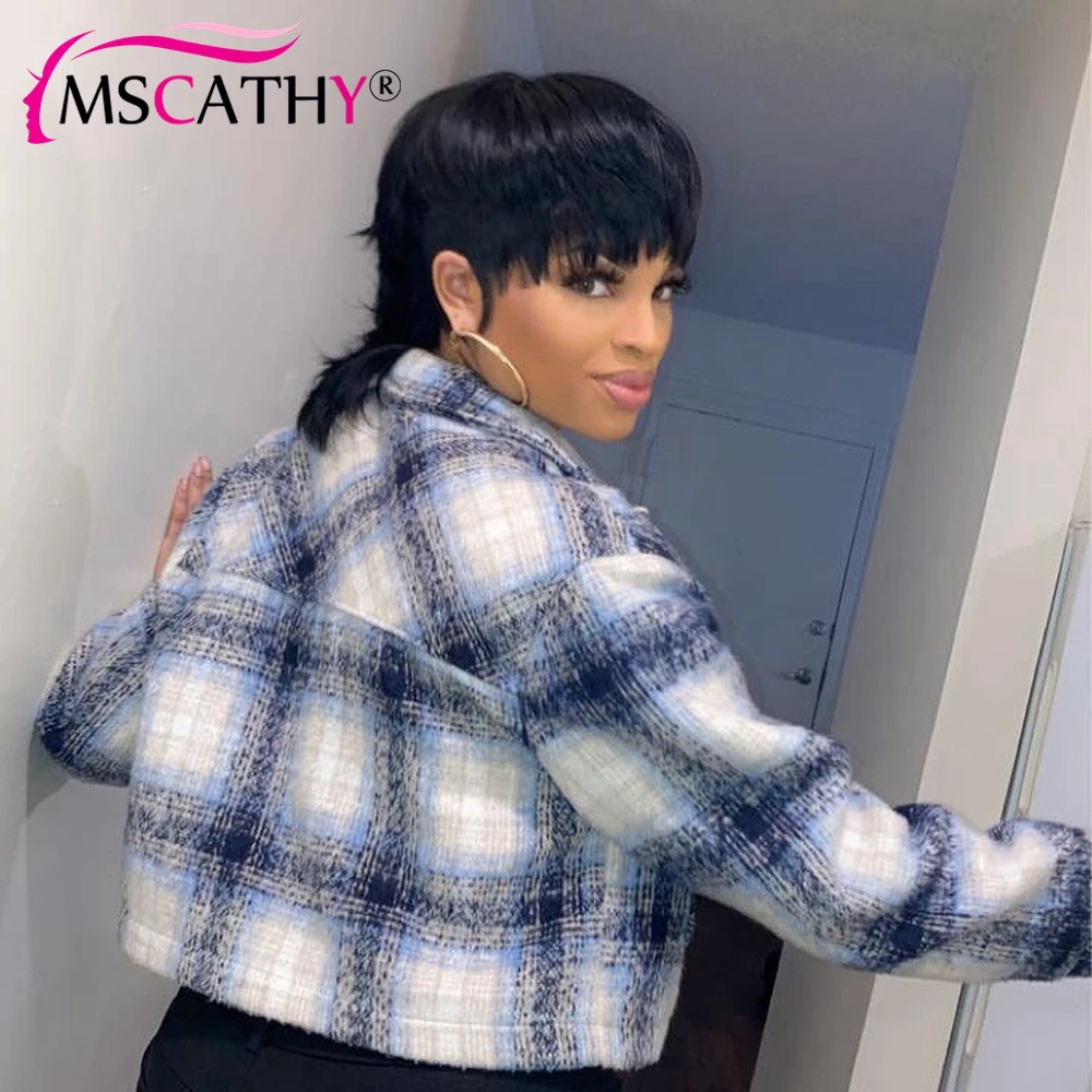 Layered Wolfcut Brazilian Remy Human Hair Full Machine Made Wig With Bangs Natural Black Pixie Cut Straight Hair Wigs For Women