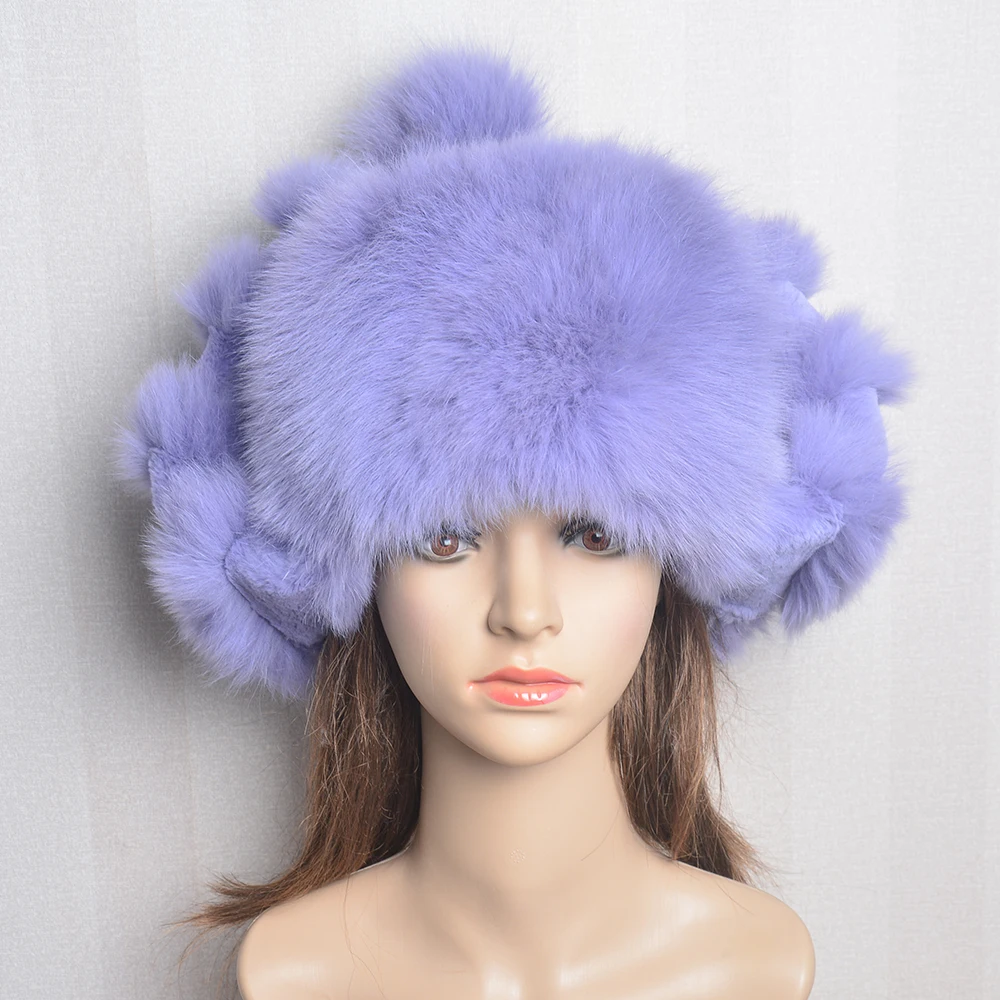 Ushanka Hat Stylish Russia Bomber Fur Cap Natural Fox Rabbit Fur Earflap Winter Hats Women