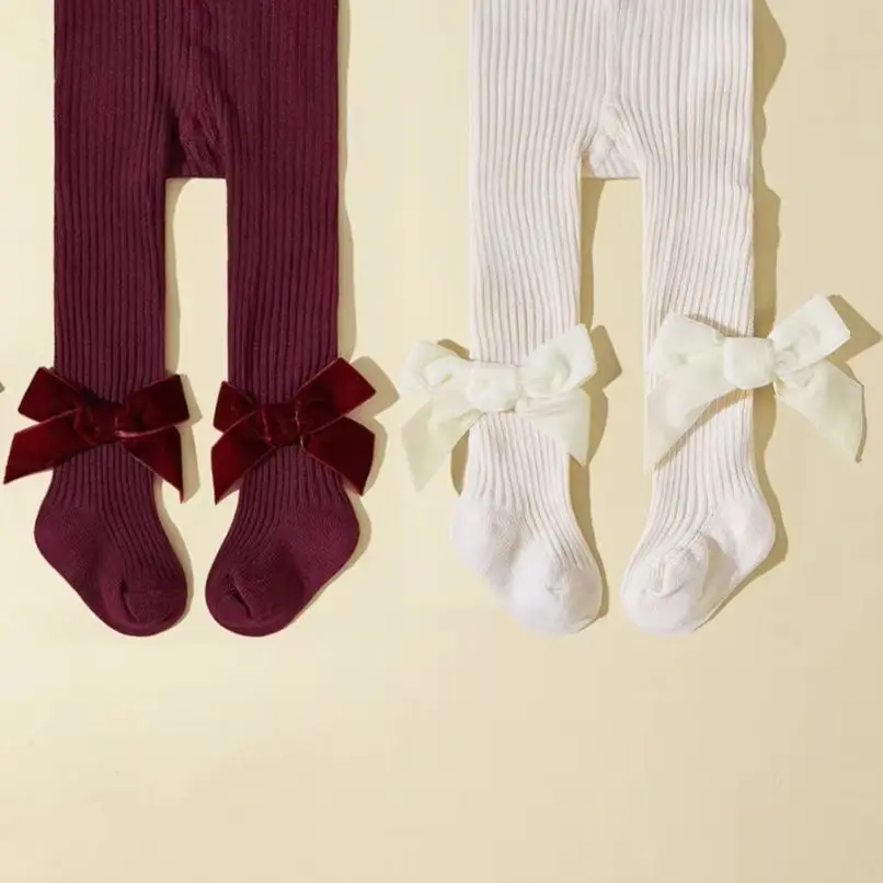 2026 Baby Newborn Ribbed Tights Bow Solid Color Footed Pantyhose for 0-2Y Toddler Girls Soft Infant Leggings view 4