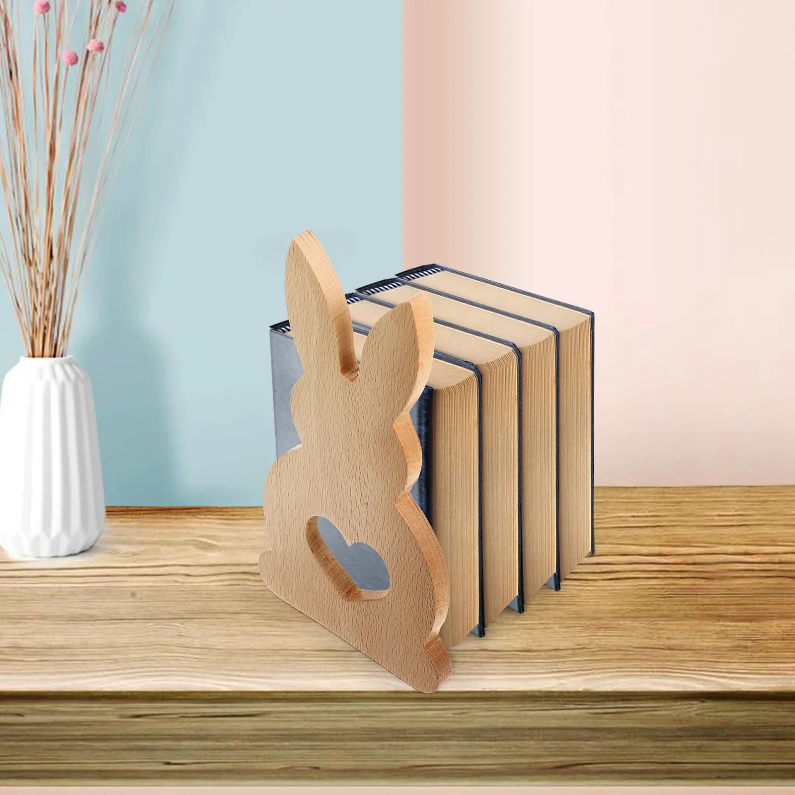 Wooden Bunny Bookends Rabbit Shape Desk Shelf Organizer for Books Magazines Files Stylish Office Decor Cute Book Ends Decorative