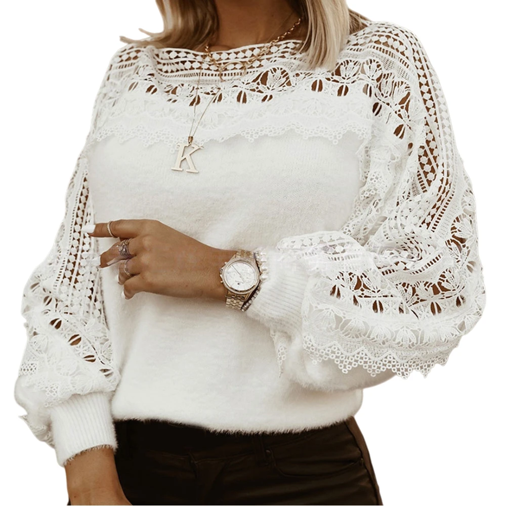 

Autumn Winter Women Sweater Fashion Hollow Out Lace Patchwork Lantern Sleeve Sweater Long Sleeve Pullovers Tops S-XXXL