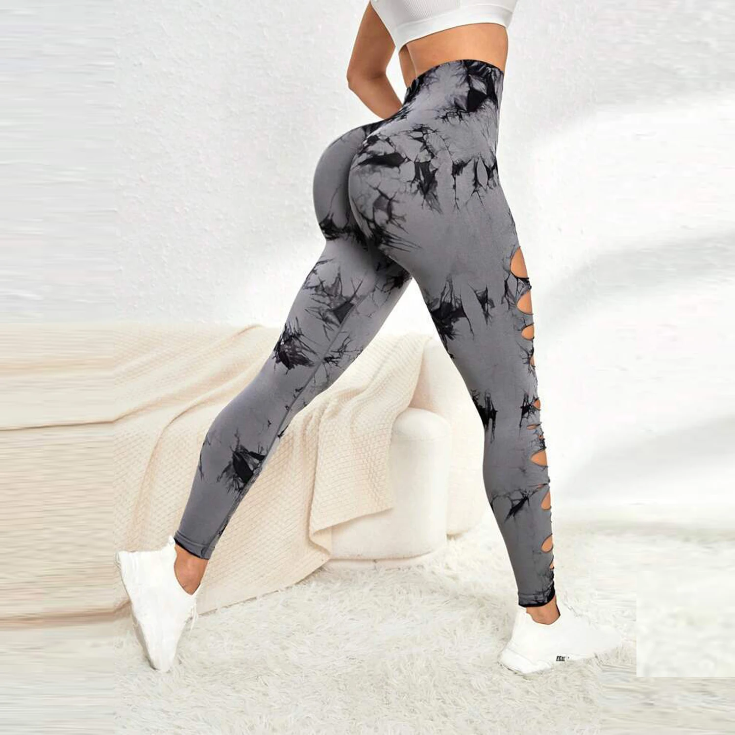 Women Hole Tie Dye Gym Leggings Sports Exercise Yoga Pants Scrunch Fitness Tights High Waist Workout Training Athletic Leggins