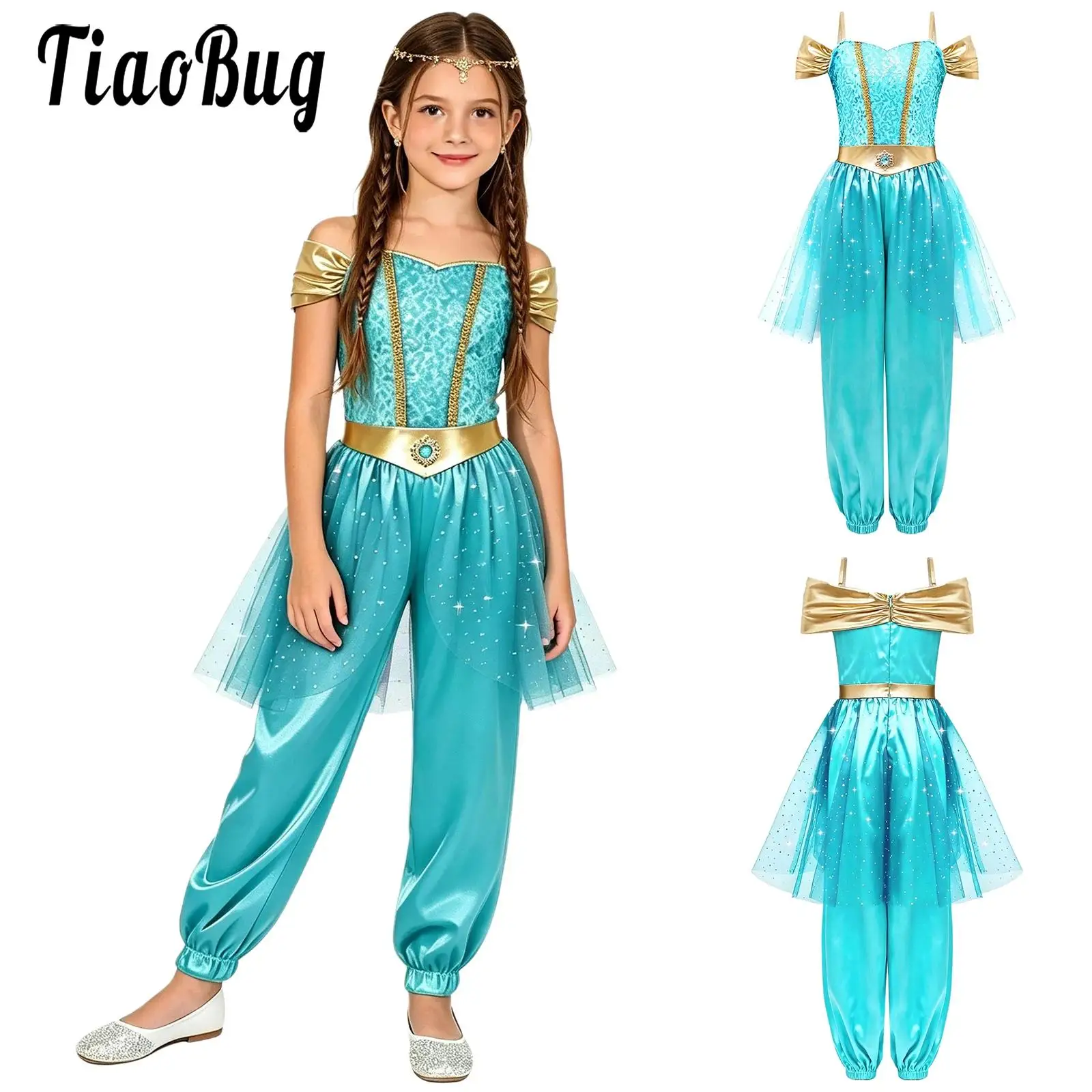 Kid Girls Elegant Arabian Princess Costume One-piece Sequin Bodice Tulle Panel Skirt Jumpsuit for Halloween Dress-up Theme Party