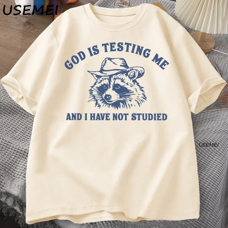 God Is Testing Me Funny Raccoon T-shirt for Men Women Printed Loose Casual Comfortable Round Neck Short Sleeve T-shirt Top