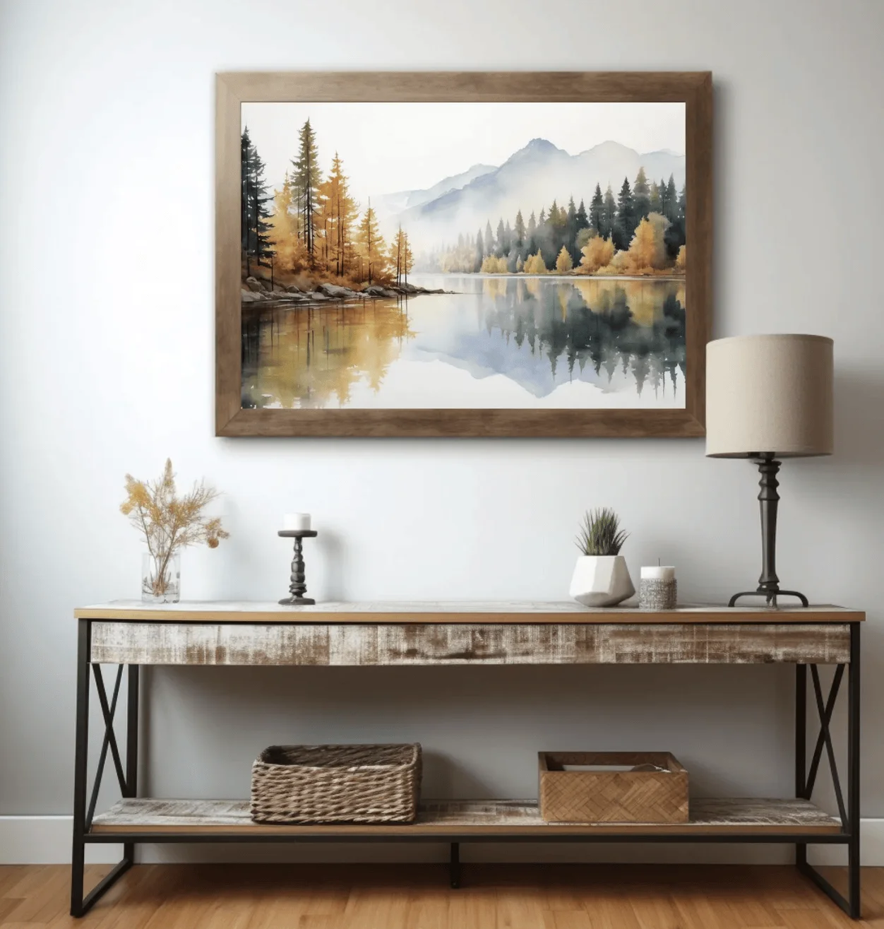 Watercolor Mountain Lake Wall Art Canvas Prints, Autumn Forest Posters, Neutral Nature Decor for Living Room Bedroom Decor