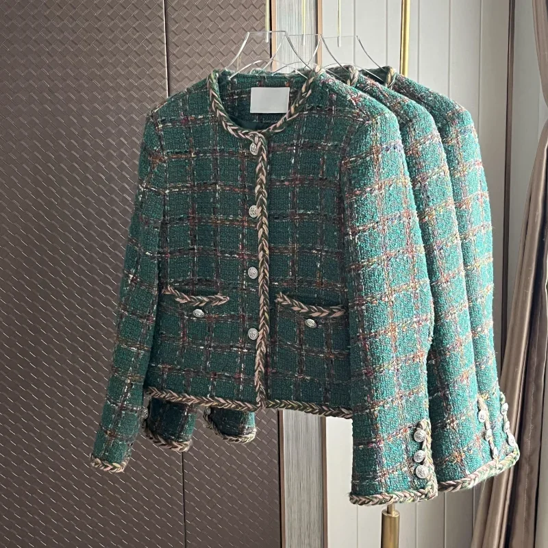 Small Fragrant Green Plaid Tweed Jacket Autumn Winter 2023 New O Neck Long Sleeve Casual Elegant Simple Women Short Coat 1770