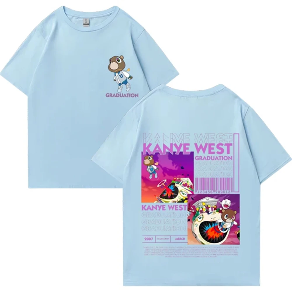 Kanye West graduación oso doble cara impresa camiseta hombres mujeres moda Hip Hop Cool Tops manga corta camisetas Unisex 72463