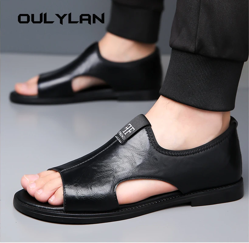 Oulylan-sandalias de cuero antideslizantes para hombre, zapatillas de playa cómodas, informales, de diseñador, a la moda, para verano