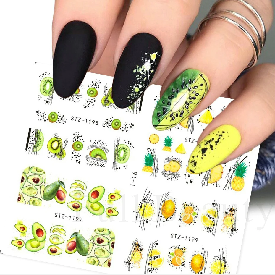 4pcs Avocado Kiwi Water Nail Decal Sticker Pineapple Orange Watermelon Cherry Nail Art Slider Tattoo Polish Manicure Tips JII-16