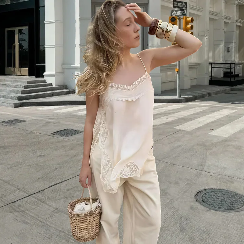 Female Summer Fashion V-neck Lace Spliced Split Sling Top Women Chic Sexy Backless Party Style Casual Camisole Top