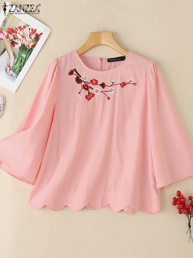 2025 Women Summer Embroidery Floral Blouses ZANZEA Casual Shirts O Neck 3/4 Sleeve Blusas Female Work OL Tops Oversize Chemise