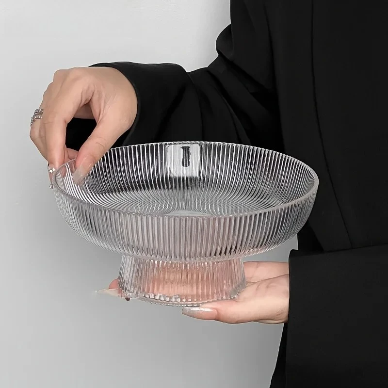 

Кованая стеклянная миска для фруктов, большая емкость, дизайн в вертикальную полоску для ресторанов, тортов и закусок, элегантная сервировочная миска