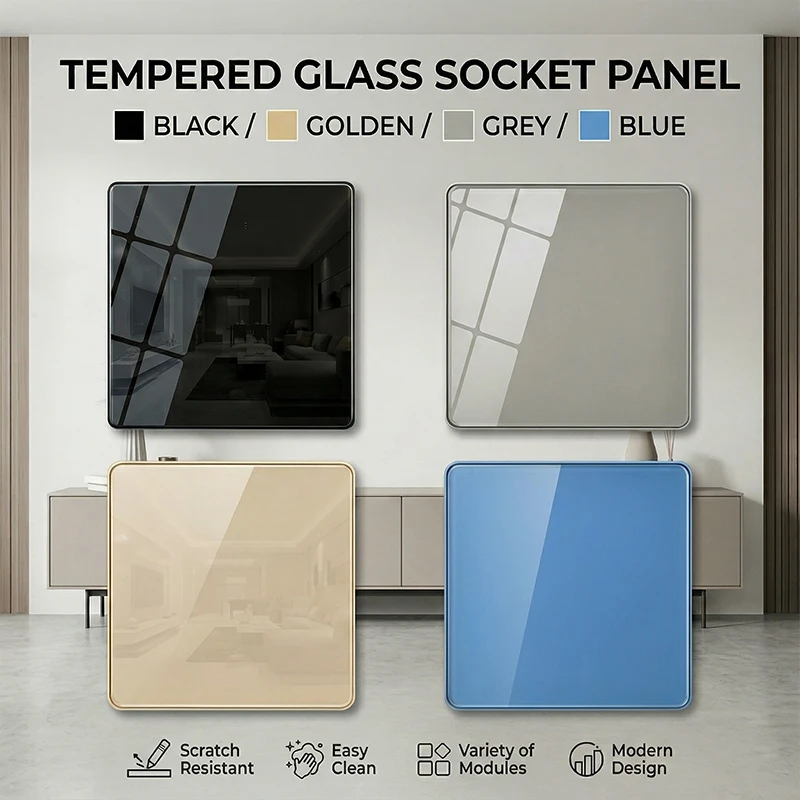 

86X86MM Tempered Glass Wall Switch Socket EU FR UK Standard USB Charging Port 10A/13A 250V 1/2/3/4 Gang Crystal Panel