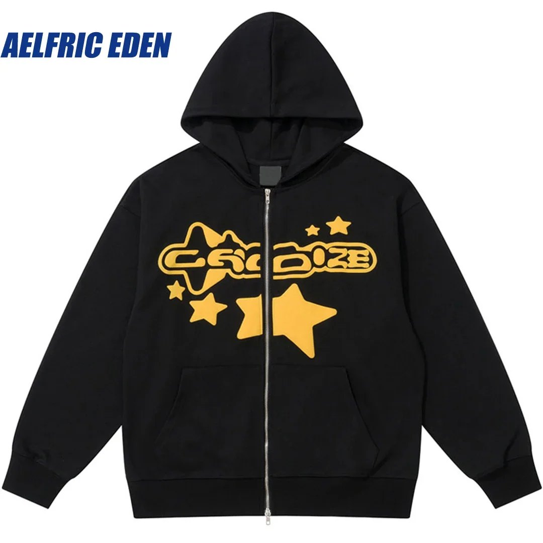 

Aelfric Eden Star Letter Graphic Hoodie Harajuku Two Way Zipper Hoodie Zip Up Sweatshirt Jacket Hip Hop Fashion Hooded Pullover