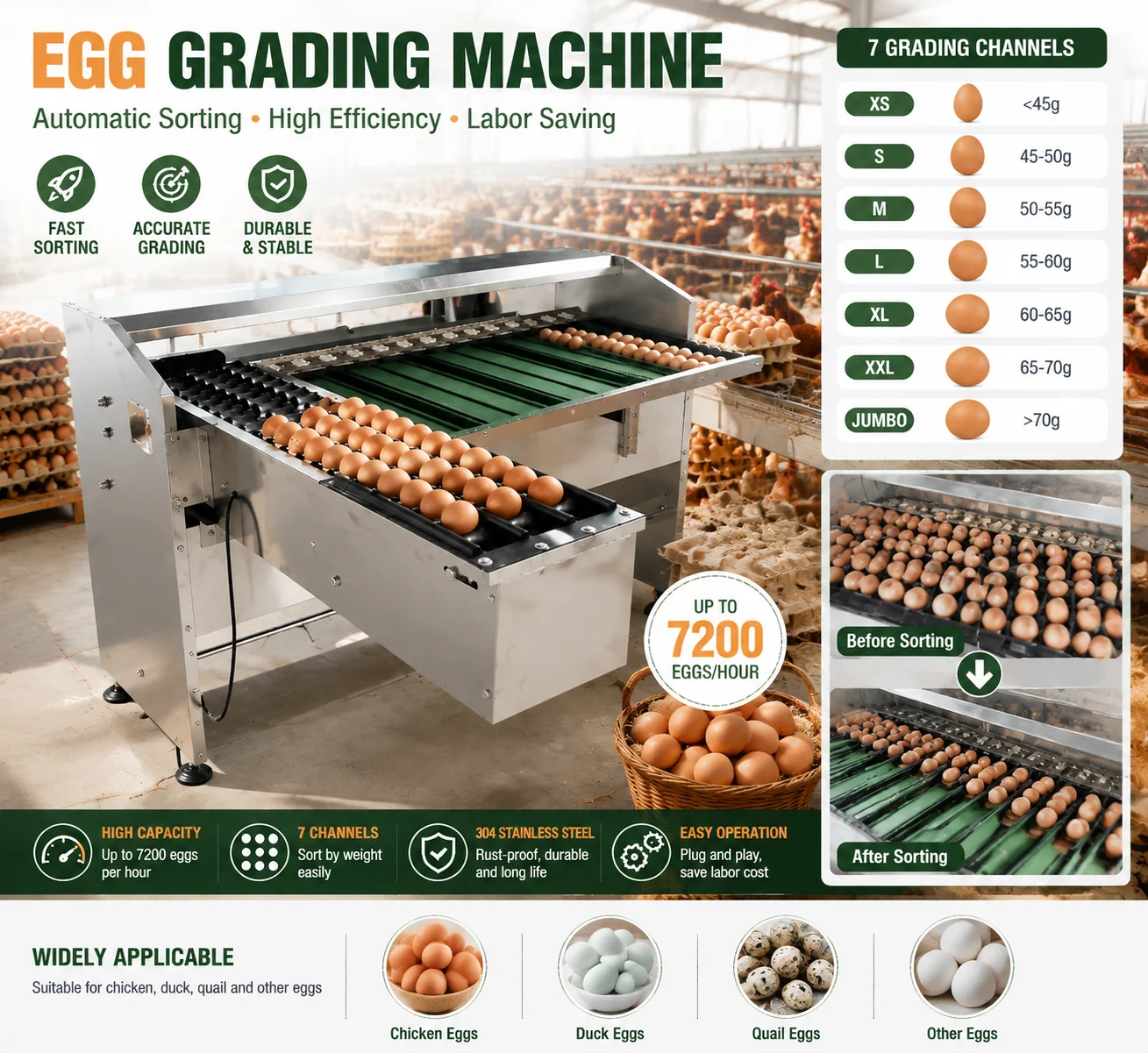Food-Grade Egg Grading Machine Digital Weighing Scale 2000 Eggs/H Sorter Chicken Duck Grader Custom for Small Poultry Farm