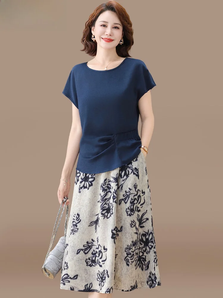 

Faionable Ice Silk f Skirt ort Sve Summer Outfit Set for Middle-Aged Mothers Ele And Women's Clothing