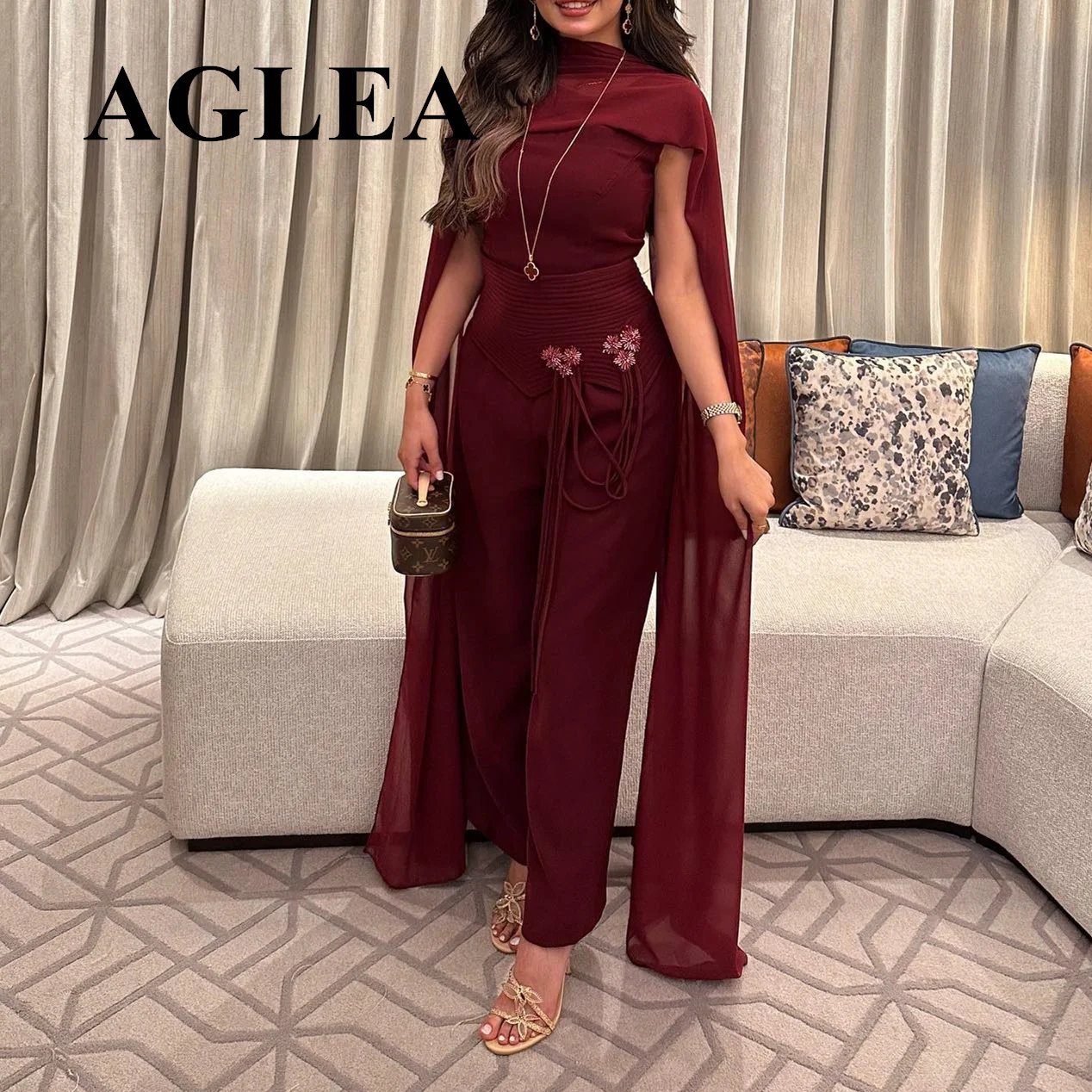 AGLEA 2024 Chiffon wine red Prom Evening Dresses Formal Elegant Party for Women Trouser Dress Flower Groom Mother Wedding Dress