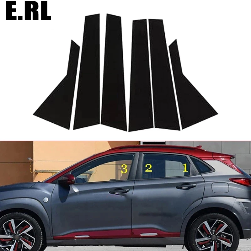 

6PCS For Hyundai Kona Encino Kauai 2018 2019 2020 2021 2022 2023 Glossy Black Pillar Post Window Trim Door Side Cover Sticker